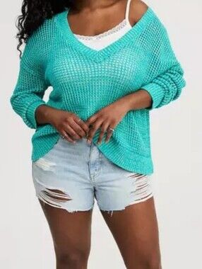 Torrid Turquoise Open Knit V-Neck Slouchy Pullover Sweater Size 1 / XL EUC